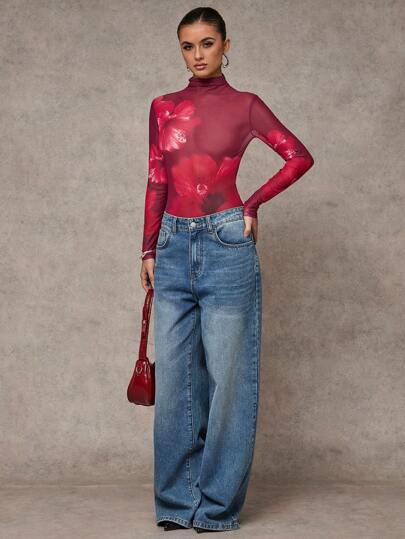 SHEIN BAE Bodyduit de manga larga, de cuello alto, con estampado floral, transparente y sexy para mujer, primavera y verano