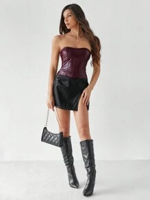SHEIN Tall 情人节女士露肩 PU 弹力皮革背心上衣 - 酒紅色 - 查看 7