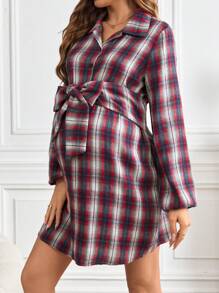 SHEIN Casual V-Neck Embroidered Waist Belt Plaid Maternity Dress - Multicolor - View 4