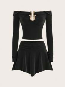 Opulessa Black Autumn Seksi Chic Night Out Women 2Pcs Outfit,Off Shoulder Knitted Slim-Fit Crop Top & Low Waist Mini Skirt,Christmas Cocktail Party Formal Gown - Black - View 7