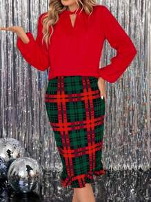 SHEIN Clasi Top elegante de manga farol con escote de ojo de cerradura y falda con volantes en el bajo con estampado a cuadros rojos y verdes de Navidad para otoño e invierno