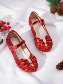 2025 New Red Fashion Bow Rhinestone Glitter Breathable Casual Low Heel Children Shoes For Girls - Red - View 3