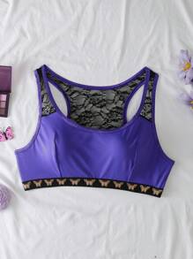 Lace Patchwork Seamless Comfortable Minimalist Plus Size Bras & Wire-Free Bras - Purple - View 6
