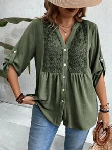Weeklong Plus Size V-Neck Contrast Lace 3/4 Sleeve Casual Vacation Shirt With Button Closure Design, For Summer - Army Green - View 3