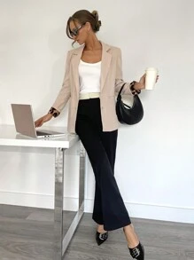 SHEIN Essnce 女士纯色豹纹衬里西装外套，豹纹衬里，办公室着装，通勤，女士西装外套 - 杏色 - 查看 5