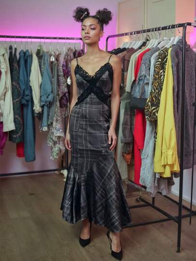 FREAK CITY Designer Elegant Women's Black Plaid Print Contrast Lace Mermaid Sexy Long Dress, Holiday, Spring, Festival, Wedding, Prom Dress