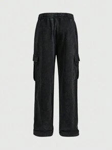 ROMWE MEN Street Life Men's Plain Color Drawstring Waist Cargo Pocket Straight Loose Sweatpants - Black - View 2