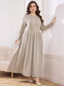 Mulvari Vestido casual de línea A con cuello redondo, manga larga, plisado, bolsillos y textura suave para mujer de talla grande, para uso diario en el hogar. Elegante atuendo de mujer para otoño/invierno, vestido largo