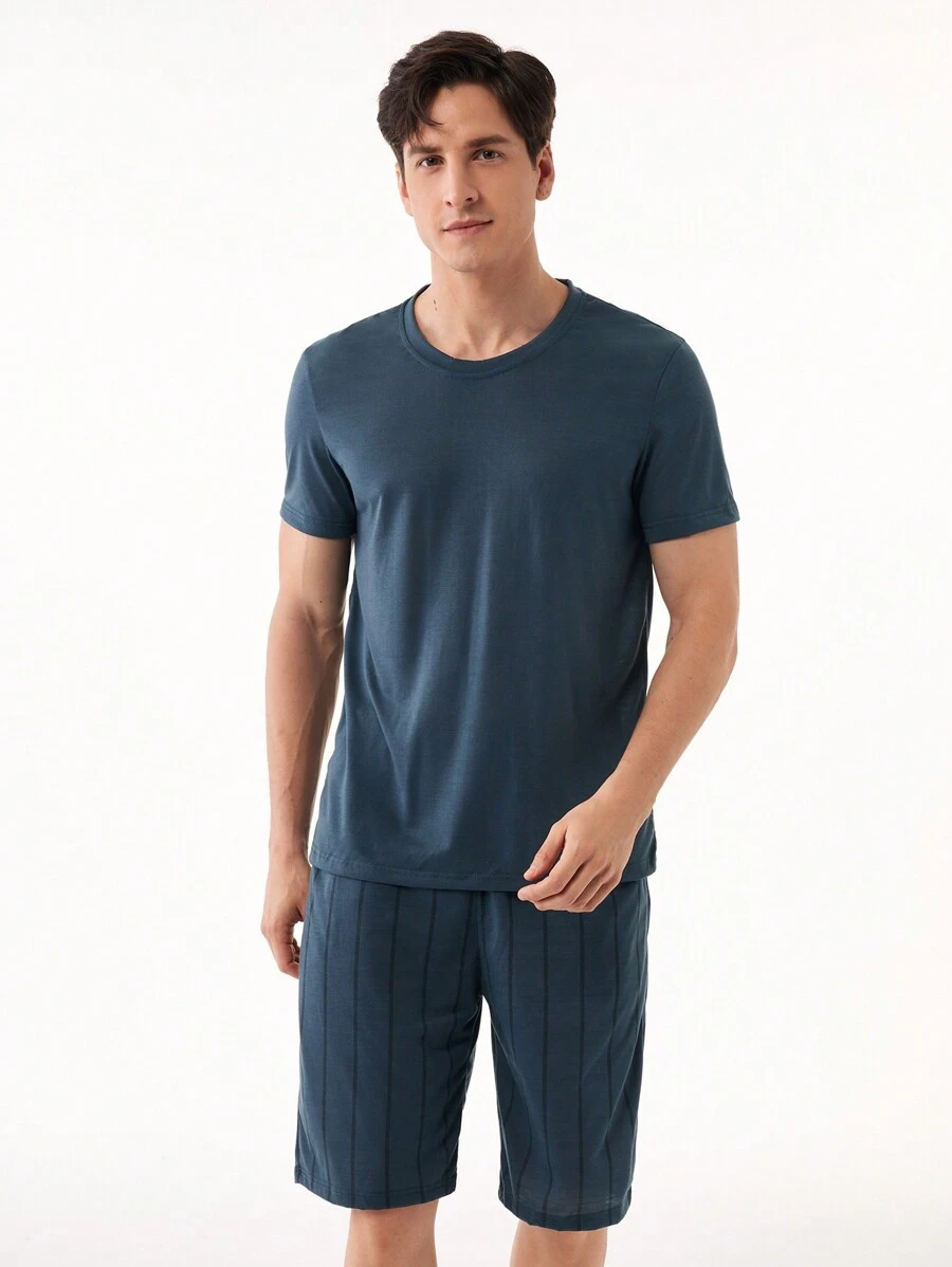 Men Solid Tee & Striped Shorts PJ Set / Pajama Set - Navy Blue - View 1