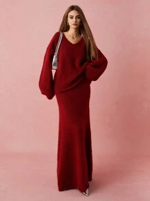 Enchnt Women High Collar Casual Solid Color Sweater - Burgundy - View 6