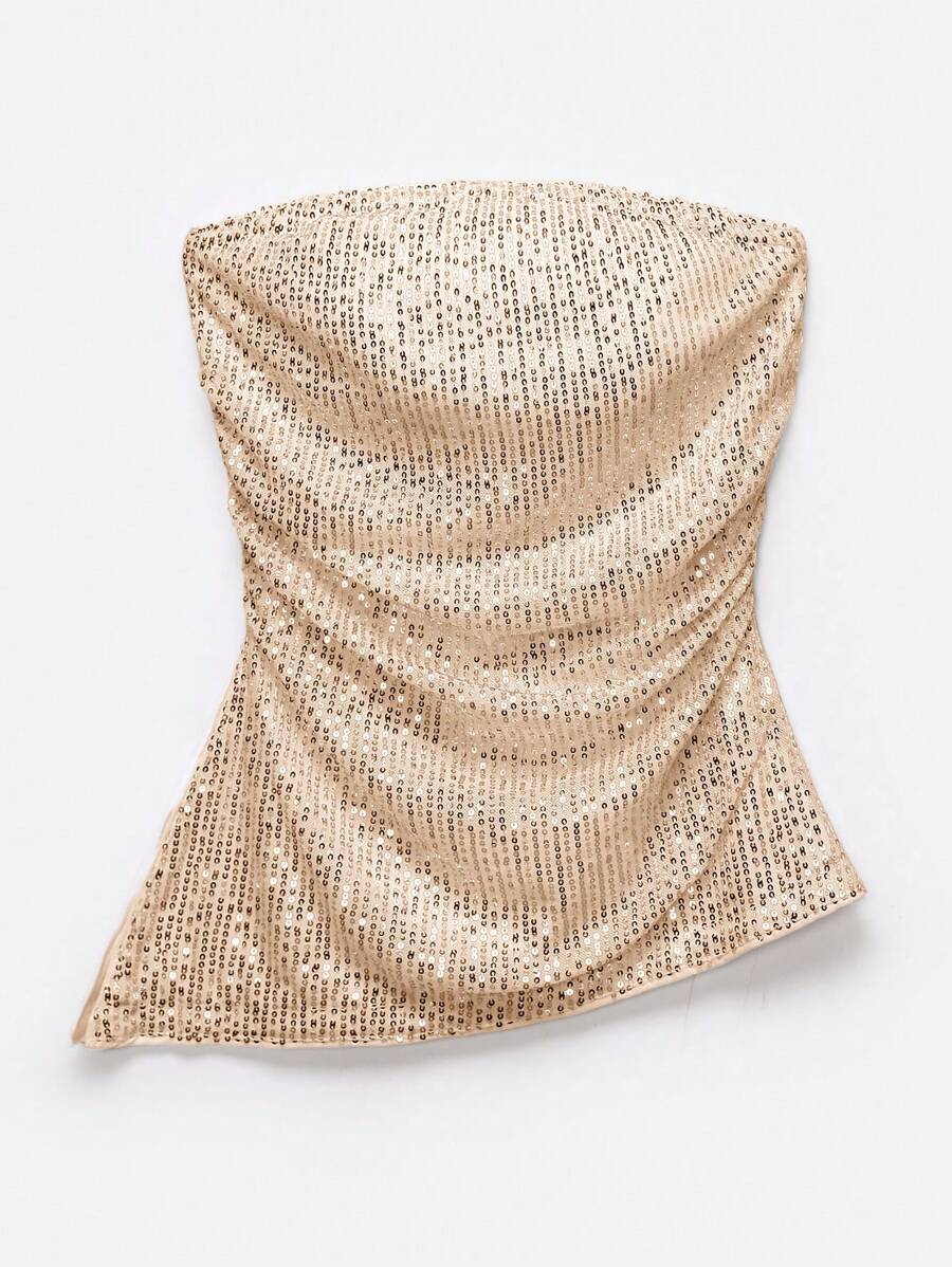 SHEIN EZwear Áo hai dây sequin màu tối giản cho nữ, trang phục thường ngày - Rượu sâm banh - Xem 1