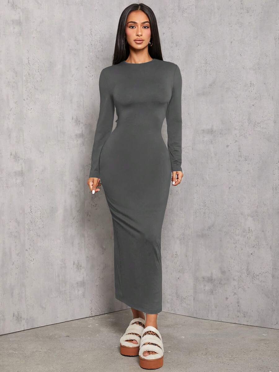 SHEIN PETITE 纯色褶皱腰黑色长袖连衣裙 - 灰色 - 查看 1
