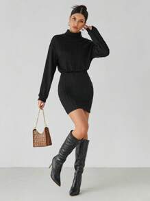 SHEIN Tall 女士纯黑色高领提花高弹力腰收褶长袖连衣裙适合秋冬季 - 黑色 - 查看 2