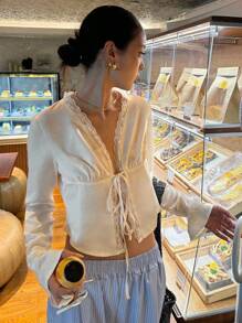 DAZY Bohemian Style Holiday Seaside Lace Stitching Cardigan Slim Long Sleeve Spring Women's Shirt,Fall Women Clothes