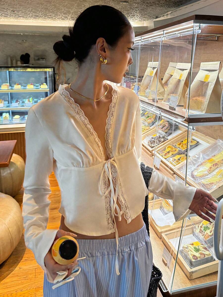 DAZY Bohemian Style Holiday Seaside Lace Stitching Cardigan Slim Long Sleeve Spring Women's Shirt,Fall Women Clothes