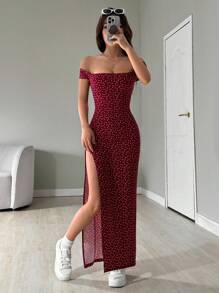 SHEIN EZwear 女式露肩全印花长开衩连衣裙 - 紅色 - 查看 5