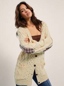WESTFADE Plaid Elbow Patch Cable Knit Boyfriend Cardigan Sweater - Beige - View 4