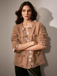 Anewsta Elegant Loose Floral Pocket Cardigan, High Quality Sophisticated Style Women Outfit For New Year