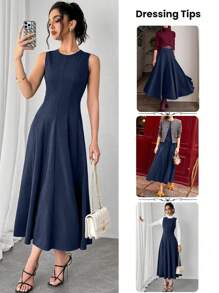 Chiquease Sleeveless A-Line Waist Cinched Round Neck Casual Midi Dress, Daily Versatile