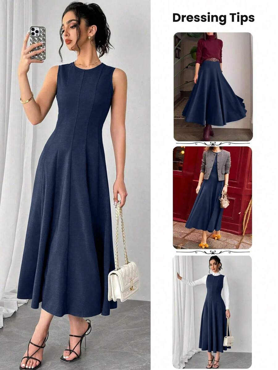 Chiquease Sleeveless A-Line Waist Cinched Round Neck Casual Midi Dress, Daily Versatile