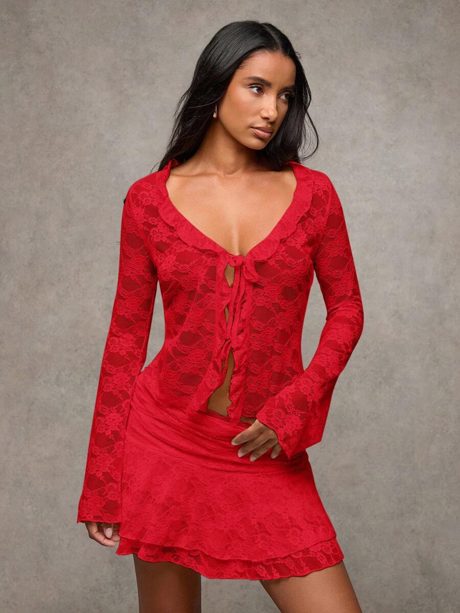 SHEIN BAE 黑色性感蕾丝甜美荷叶边前肩带透视上衣 女士/秋季女装/西装/牛仔女装 - 紅色 - 查看 1