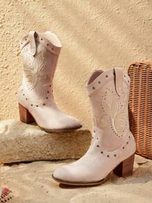 Styleloop Botas de media pantorrilla casuales y versátiles para mujer con tacón alto y bordado de unicolor - Albaricoque - Ver 1