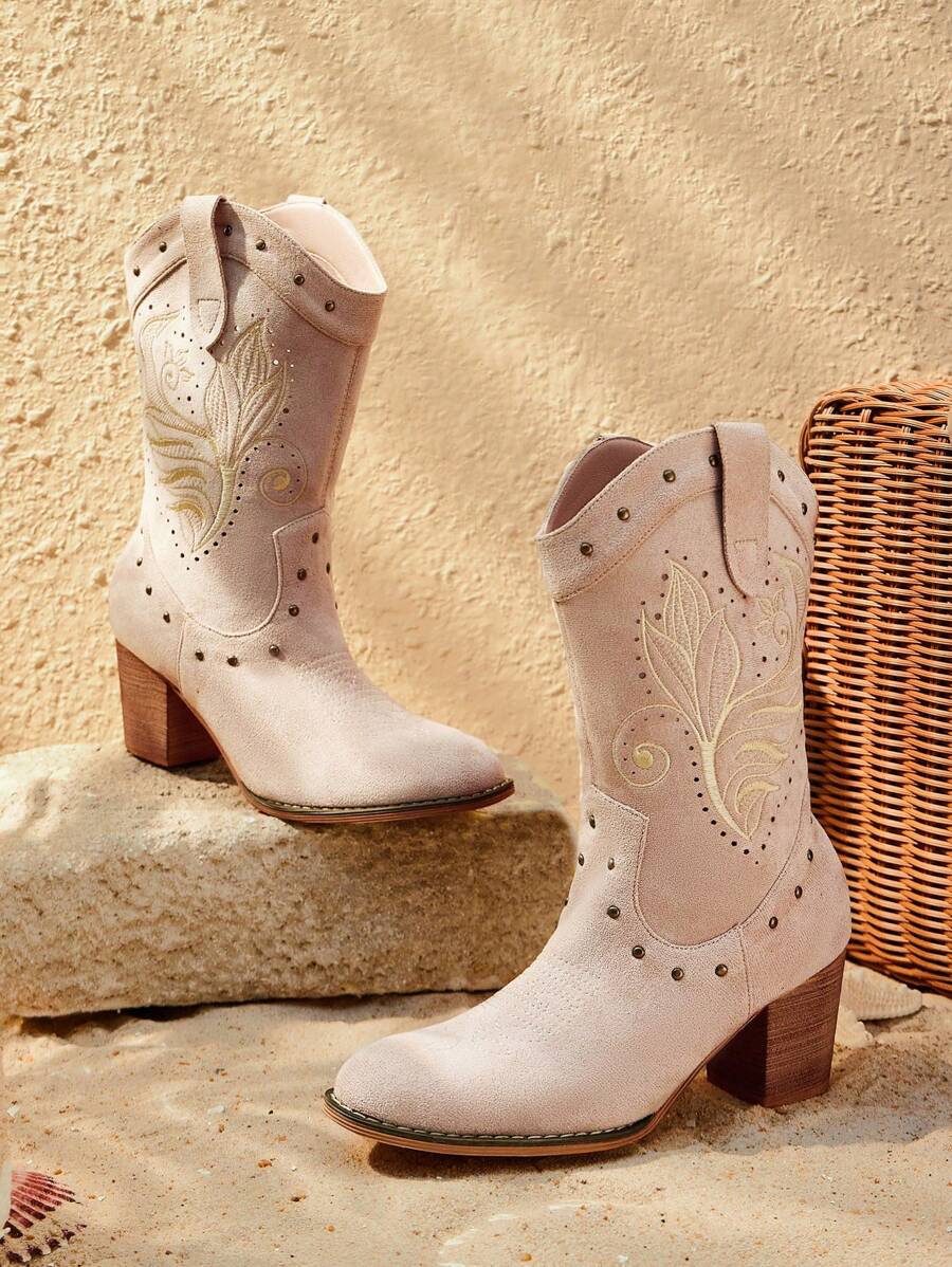 Styleloop Botas de media pantorrilla casuales y versátiles para mujer con tacón alto y bordado de unicolor - Albaricoque - Ver 1