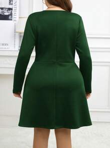 SHEIN Clasi Plus Size Fall Clothing Solid Color Fold-Over Detail A-Line Long Sleeve Back To School Retro French Style French Teacher Outfit Bae Black Dress - Dark Green - View 2
