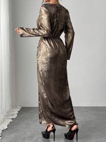 Modelyn Vestido largo tipo abaya de manga larga con lazo, vestido de noche largo de estilo minimalista para mujeres - Dorado - Ver 6