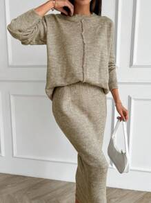 EURMUSE Sweater And Midi Skirt With Front Seam Detail - Light Grey - View 4