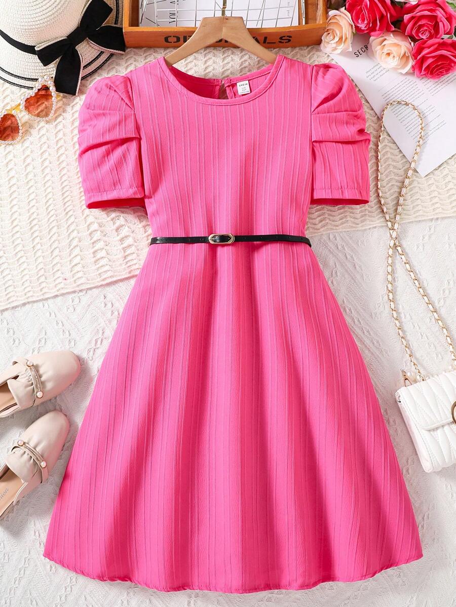 SHEIN Tween 女童纯色圆领短款泡泡袖可爱连衣裙