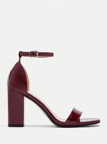 CUCCOO BIZCHIC 勃艮第时尚踝带方头粗高跟凉鞋，适合通勤、约会、聚会、节日情人节 - 酒紅色 - 查看 2