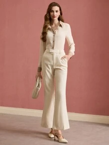 MOTF PREMIUM SOLID SLANT POCKET SEAM FRONT FLARE LEG SUIT PANTS - Apricot - View 5