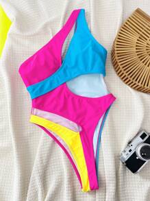 SHEIN Swim Women's Sexy Hollow Out Patchwork One-Piece Swimsuit For Summer Beach Vacation - Multicolor - View 4