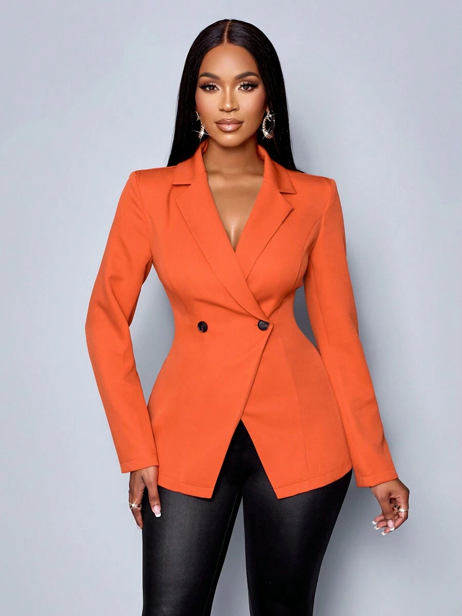 SOLERSUN Blazer elegante de mujer para el invierno, uso diario, fiestas de Año Nuevo, San Valentín, otoño e invierno. Ajuste ceñido a la cintura, cálido en color naranja. Traje para regreso a clases, Acción de Gracias. - Naranja - Ver 1