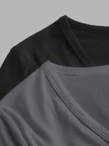 SHEIN EZwear 2 件女式深 V 领修身休闲基本款长袖 T 恤套装、套头衫，适合秋冬季 - 彩色 - 查看 7