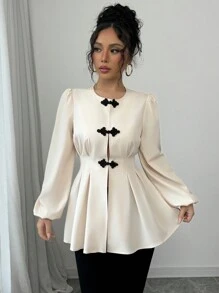 Selianne 前镂空中国结腰系带长袖超长衬衫