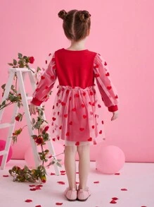 年轻女孩派对心形网眼泡泡袖连衣裙，适合节日、派对，适合春季、秋季、冬季 - 紅色 - 查看 2