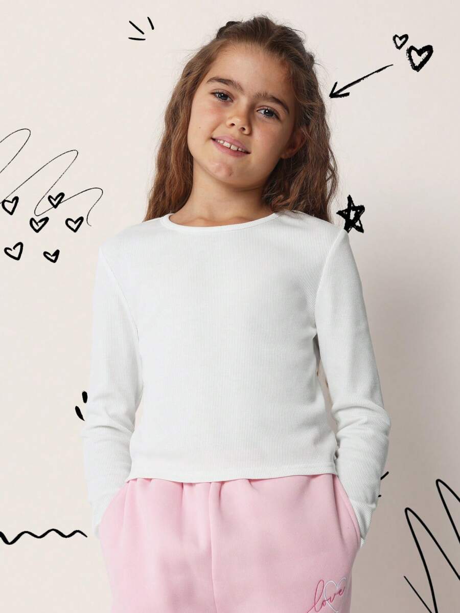 SUMWON Ribbed Long Sleeve Fitted Crop Top Classic Basic Casual Spring Fall Layering Tween Girl Everyday Wear Essential School Outfit - White - View 1