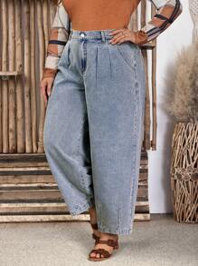 SHEIN LUNE Plus Size Women Pocket Pleated Tapered Casual Versatile Denim Pants
