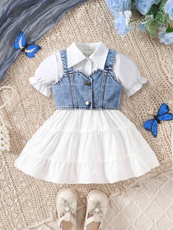 SHEIN Baby Girl Solid Color Bubble Sleeve Dress With Denim Vest Set For Summer