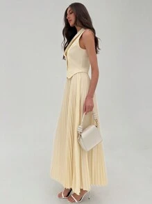 Aloruh Elegante conjunto de 2 piezas con blusa con decoración de botones delanteros y falda plisada en línea A, estilo universitario, versátil para citas - Beis - Ver 5