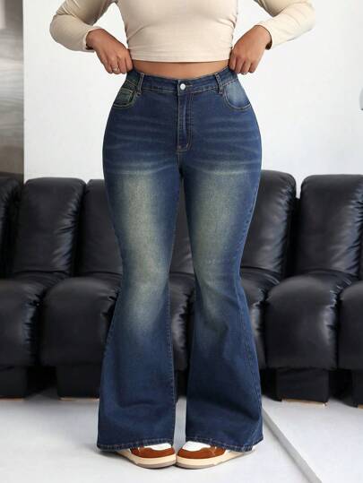 SHEIN ICON 大码女式口袋喇叭休闲百搭牛仔裤