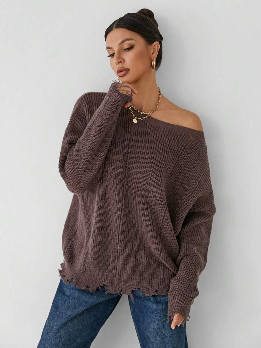 SHEIN Tall Women's Round Neck Pullover Tattered Hem Loose Sweater Knitted Top - Brown - View 1