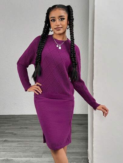 Teenagers Girls' Solid Minimalist Textured Knit Slit Midi Skirt, Paired With Simple & Unique Sweater Set