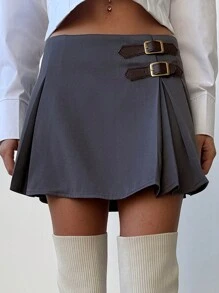 Aloruh New Fashion Retro Gray Pleated Mini Skirt With Contrast Button Decoration, Versatile For Commute And Date - Grey - View 4