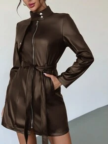 Firerie 女士休闲街头时尚简约皮革拉链立领口袋腰带长袖夹克，秋冬