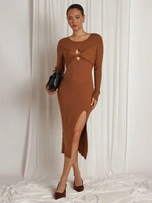 COSMINA Vestido de punto con cuello redondo, manga larga, retorcido, calado y abertura lateral, de color liso para mujer - Marrón - Ver 5