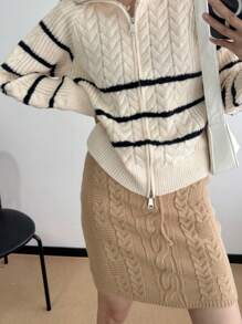 INAWLY Fashionable Knitted Cable Pattern Knitted Skirt, Versatile For Autumn/Winter - Khaki - View 6