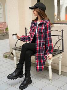 SHEIN Explorewe Girl & Teen Girls Casual Plaid Long Collar Jacket, Suitable For School And Commute